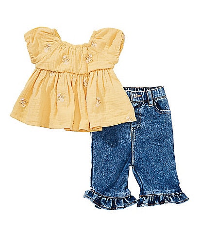 Rare Editions Baby Girls Puffed-Sleeve Floral Tunic & Ruffle-Hem Jeans Set