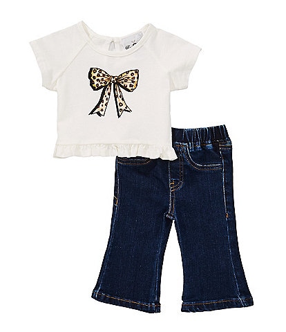 Rare Editions Baby Girls Short Sleeve Cheetah-Printed Bow-Motif T-Shirt & Stretch Denim Flare-Leg Pant Set