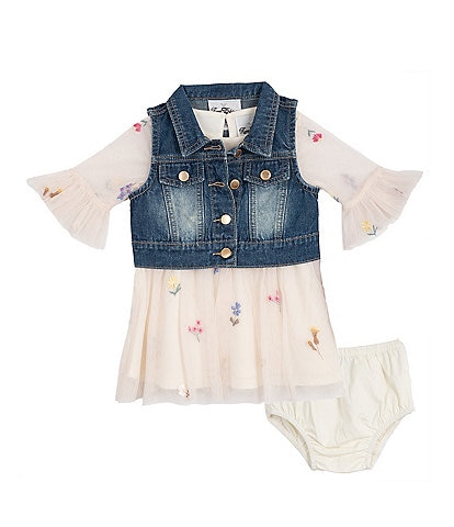 Rare Editions Baby Girls Sleeveless Denim Vest & 3/4-Sleeve Floral-Embroidered Fit-And-Flare Dress