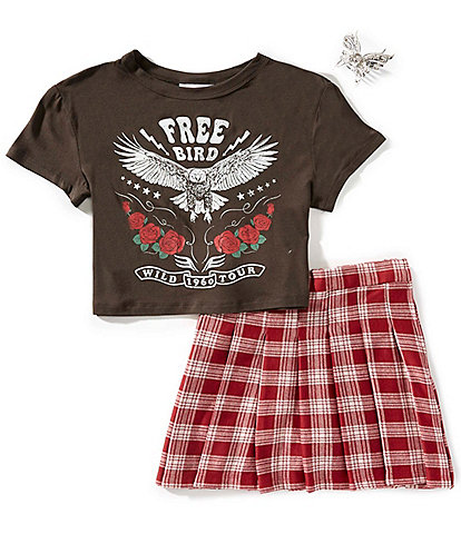 Rare Editions Big Girls 7-12 Short-Sleeve Solid Free Bird T-Shirt & Plaid Skirt Set