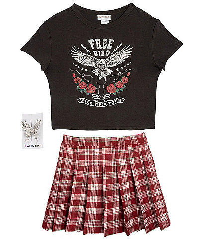 Rare Editions Big Girls Short-Sleeve Solid Free Bird T-Shirt & Plaid Skirt Set