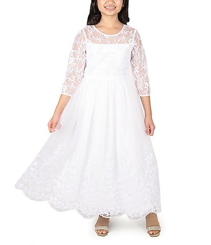 Rare Editions Big Girls 7-16 3/4 Sleeve Sequin-Embellished Embroidered Mesh Ballgown