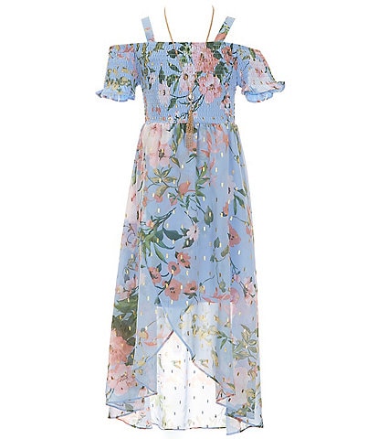 Rare Editions Big Girls 7-16 Cold-Shoulder Foiled Floral Printed Chiffon Long Dress