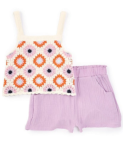 Rare Editions Big Girls 7-16 Crochet Tank Top & Solid Gauze Shorts Set