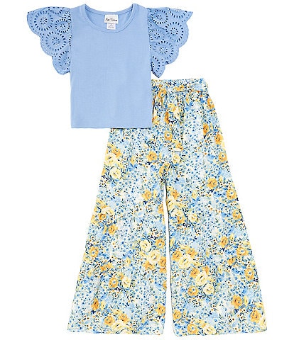 Rare Editions Big Girls 7-16 Flutter-Sleeve Eyelet-Embroidered Tunic Top & Printed Palazzo Pant Set