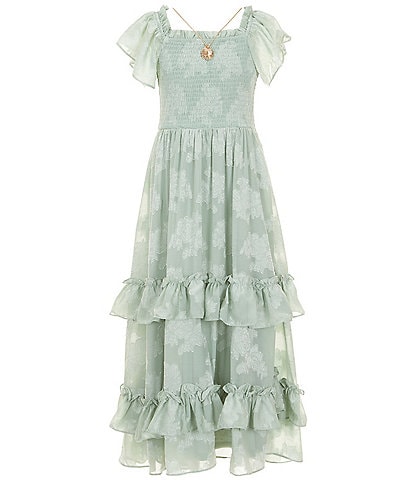 Rare Editions Big Girls 7-16 Flutter-Sleeve Floral-Burnout Chiffon Tiered Long Dress