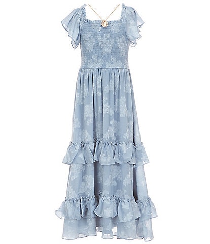 Rare Editions Big Girls 7-16 Flutter-Sleeve Floral-Burnout Chiffon Tiered Long Dress