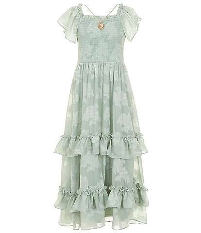 Rare Editions Big Girls Flutter-Sleeve Floral-Burnout Chiffon Tiered Long Dress