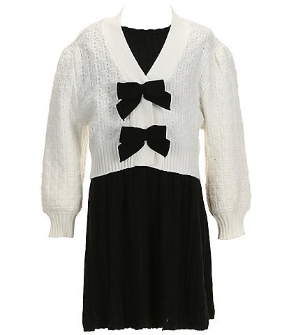 Rare Editions Big Girls 7-16 Long-Sleeve Bow-Accented Knit Cardigan & Short-Sleeve Hacci-Knit A-Line Dress