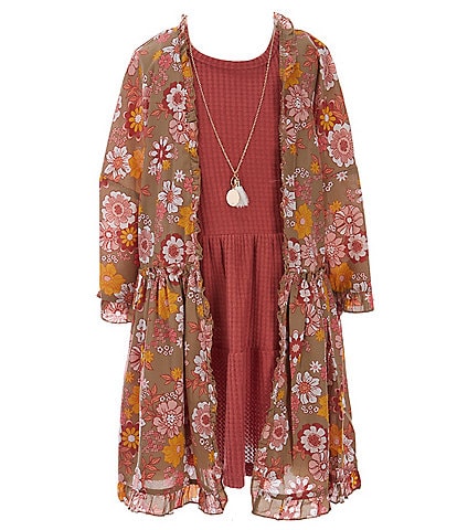 Rare Editions Big Girls 7-16 Long-Sleeve Floral-Printed Dobby Kimono, Waffle Knit Fit-And-Flare Dress & Necklace Set