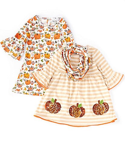 Rare Editions Big Girls 7-16 Long-Sleeve Pumpkin-Print Shift Dress & Striped Pumpkin-Appliqued Fit-And-Flare Dress Set