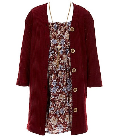 Rare Editions Big Girls 7-16 Long Sleeve Solid Rib-Knit Cardigan & Sleeveless Ditsy-Floral-Printed Chiffon Pleated Dress