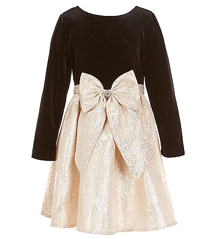 Rare Editions Big Girls 7-16 Long-Sleeve Velvet-Bodice/Shirred Brocade Fit-And-Flare Dress