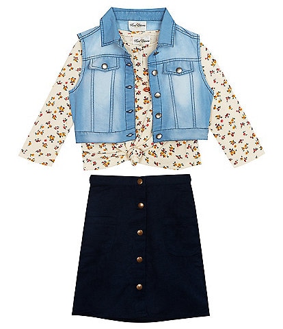 Rare Editions Big Girls 7-16 Long Sleeve Waffle Floral Top with Denim Vest & Skirt 4-Piece Set