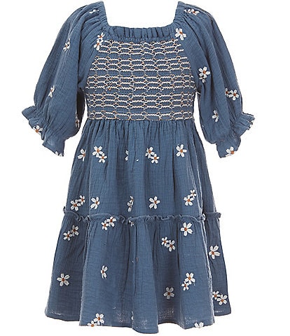 Rare Editions Big Girls Puffed-Sleeve Floral-Embroidered Textured-Gauze Fit-And-Flare Dress