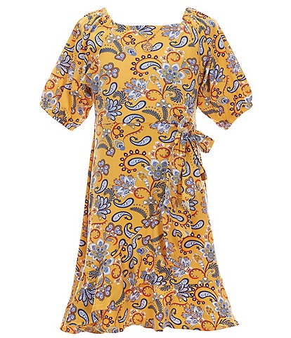 Rare Editions Big Girls 7-16 Puffed Sleeve Paisley Faux-Wrap Dress