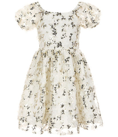 Rare Editions Big Girls 7-16 Puffed-Sleeve Sequin-Embellished Floral-Soutache-Embroidered Fit-And-Flare Dress