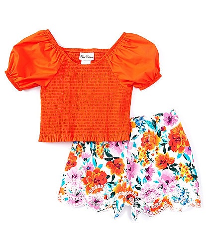 Rare Editions Big Girls 7-16 Puffed Sleeve Solid Smocked Top & Floral Printed Shorts Set
