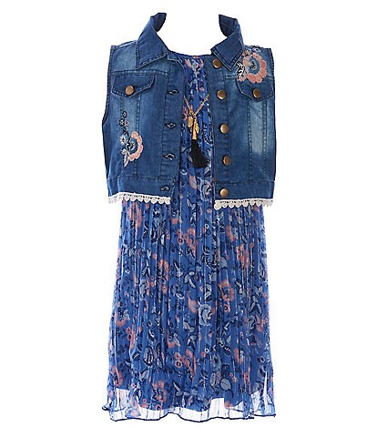 Rare Editions Big Girls 7-16 Scallop Lace Printed Denim Vest & Sleeveless Metallic-Floral Pleated Chiffon Dress 2-Piece Set