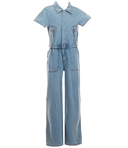 Rare Editions Big Girls 7-16 Short Sleeve Denim Utility Jumpsuit