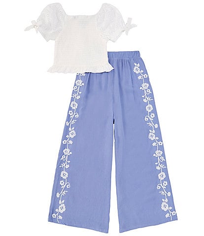 Rare Editions Big Girls 7-16 Short-Sleeve Eyelet-Embroidered Top & Embroidered Pant Set