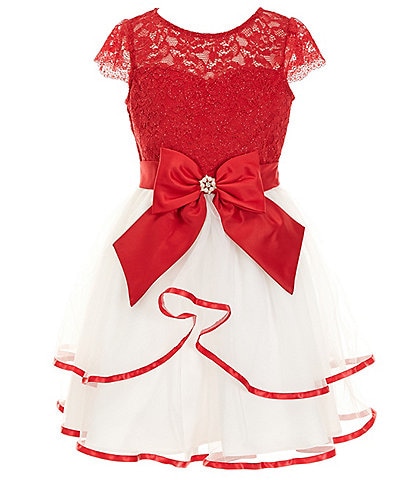 Rare Editions Big Girls 7-16 Short-Sleeve Glitter-Accented Lace-Bodice/Tiered-Mesh Skirted Dress