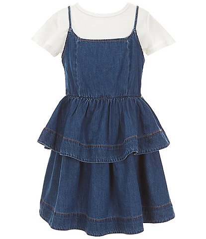 Rare Editions Big Girls Short-Sleeve Solid Knit T-Shirt & Sleeveless Ruffled Denim Dress
