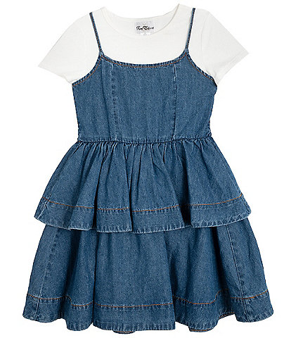 Rare Editions Big Girls Short-Sleeve Solid Knit T-Shirt & Sleeveless Ruffled Denim Dress
