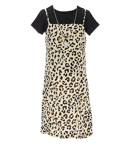 Rare Editions Big Girls 7-16 Short Sleeve Tee Cheetah Print Dress Coordinating Necklace & Scrunchie 2-Piece Set