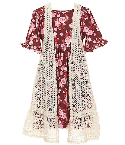 Rare Editions Big Girls 7-16 Sleeveless Crocheted Cardigan & Short-Sleeve Floral-Printed Fit-And-Flare Dress Set