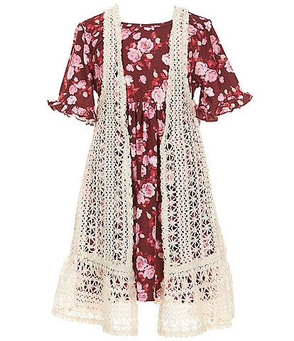 Rare Editions Big Girls Sleeveless Crocheted Cardigan & Short-Sleeve Floral-Printed Fit-And-Flare Dress Set