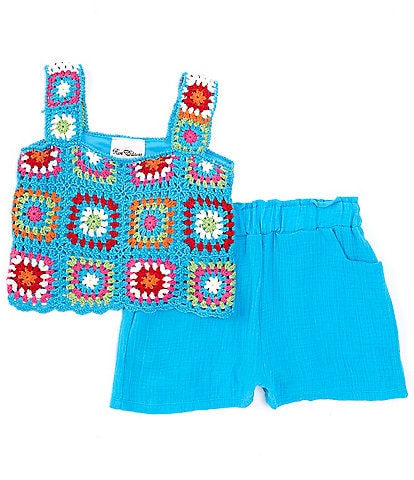 Rare Editions Big Girls 7-16 Sleeveless Crochet Pattern Tank Top & Solid Gauze Shorts Set