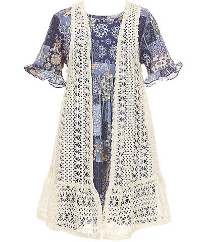 Rare Editions Big Girls 7-16 Sleeveless Crocheted Vest & Short-Sleeve Printed A-Line Dress Set