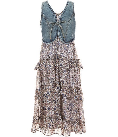 Rare Editions Big Girls 7-16 Sleeveless Denim Tie-Front Vest & Sleeveless Floral Printed Chiffon Dress Set