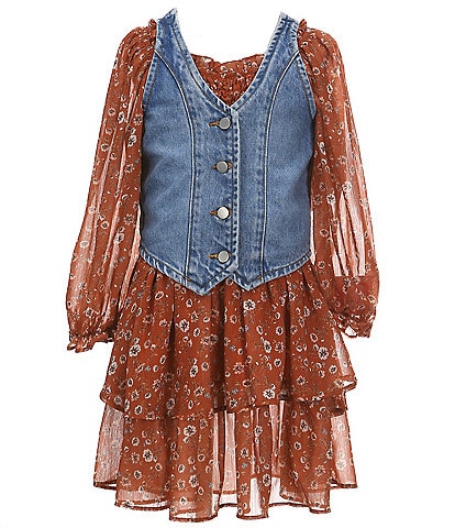 Rare Editions Big Girls 7-16 Sleeveless Denim Vest & Long Sleeve Floral-Printed Chiffon Fit & Flare Dress Set