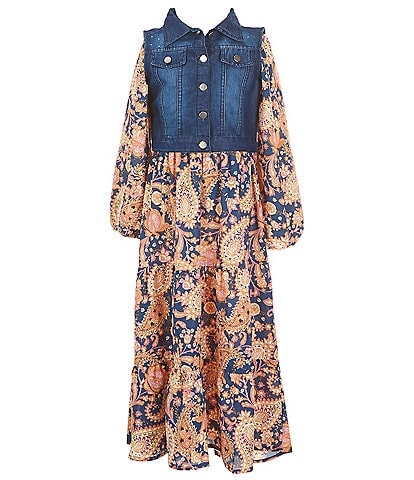 Rare Editions Big Girls 7-16 Sleeveless Denim Vest & Long Sleeve Printed Fit And Flare Long Dress