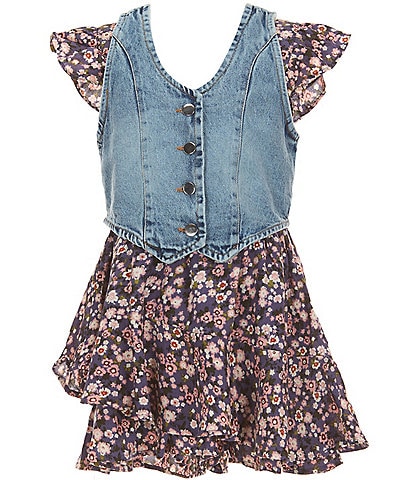 Rare Editions Big Girls Sleeveless Denim Vest & Printed Flutter-Sleeve Challis Romper Set