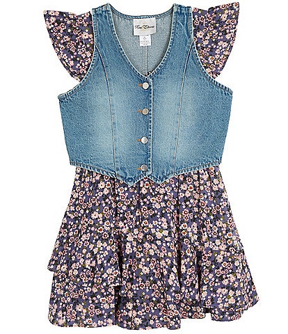 Rare Editions Big Girls Sleeveless Denim Vest & Printed Flutter-Sleeve Challis Romper Set