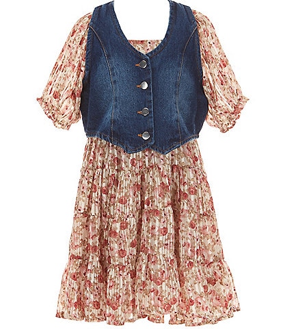 Rare Editions Big Girls 7-16 Sleeveless Denim Vest & Puffed-Sleeve Floral-Printed Burnout Dress Set