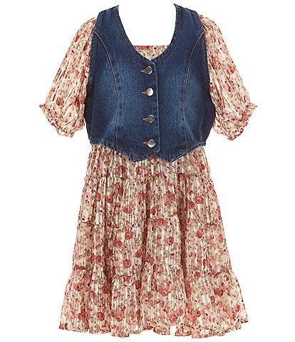 Rare Editions Big Girls Sleeveless Denim Vest & Puffed-Sleeve Floral-Printed Burnout Dress Set