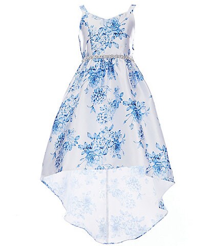 Rare Editions Big Girls 7-16 Sleeveless Floral-Printed Mikado Satin High-Low-Hem Fit-And-Flare Dress