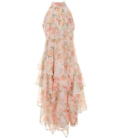 Rare Editions Big Girls 7-16 Sleeveless Floral-Printed Textured-Chiffon Long Dress