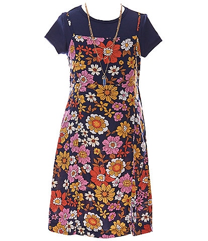Rare Editions Big Girls 7-16 Sleeveless Flower-Printed Challis Jumper Dress, Short-Sleeve Solid Knit Tee & Necklace 3-Piece Set