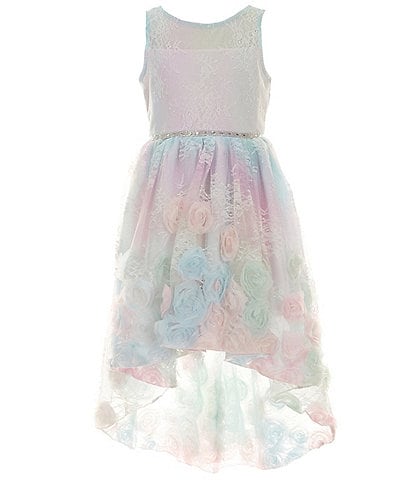 Rare Editions Big Girls 7-16 Sleeveless Glitter-Accented-Lace Bodice/Soutache-Skirted High-Low-Hem Ballgown