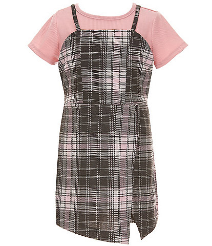 Rare Editions Big Girls 7-16 Sleeveless Plaid Jumper Dress & Short-Sleeve Solid Rib-Knit T-Shirt Set