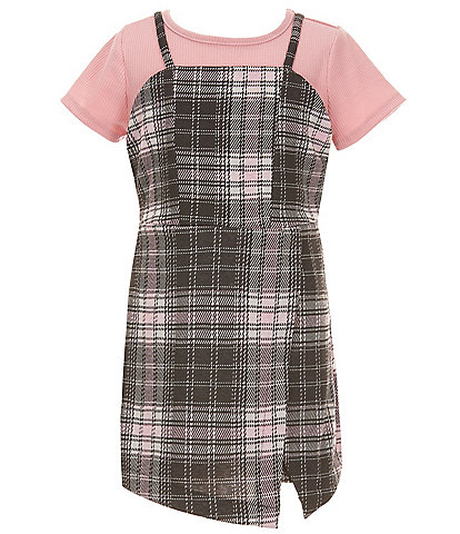 Rare Editions Big Girls Sleeveless Plaid Jumper Dress & Short-Sleeve Solid Rib-Knit T-Shirt Set