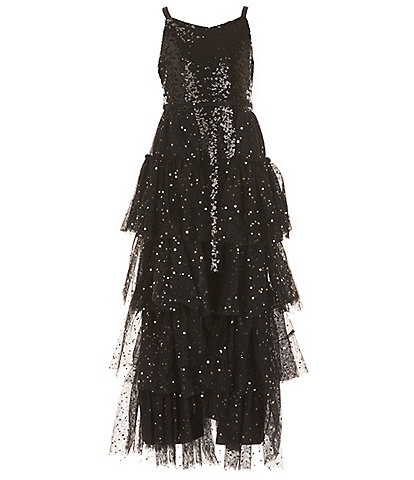 Rare Editions Big Girls 7-16 Sleeveless Sequin-Embellished-Mesh/Foiled-Star-Print Walk-Through Skirted Long Dress