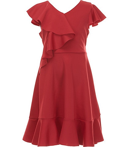  Big Girls Flutter Sleeve Cascading Ruffle Dress