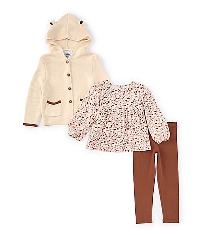 Rare Editions Little Girls 2T-4T Long Sleeve Bear Hooded Knit Cardigan, Floral-Printed Knit Top & Solid Jersey Leggings Set