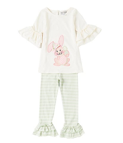 Rare Editions Little Girls 2T-6X 3/4 Sleeve Easter Bunny Applique Tunic Top & Striped Ruffle Leg Leggings Set